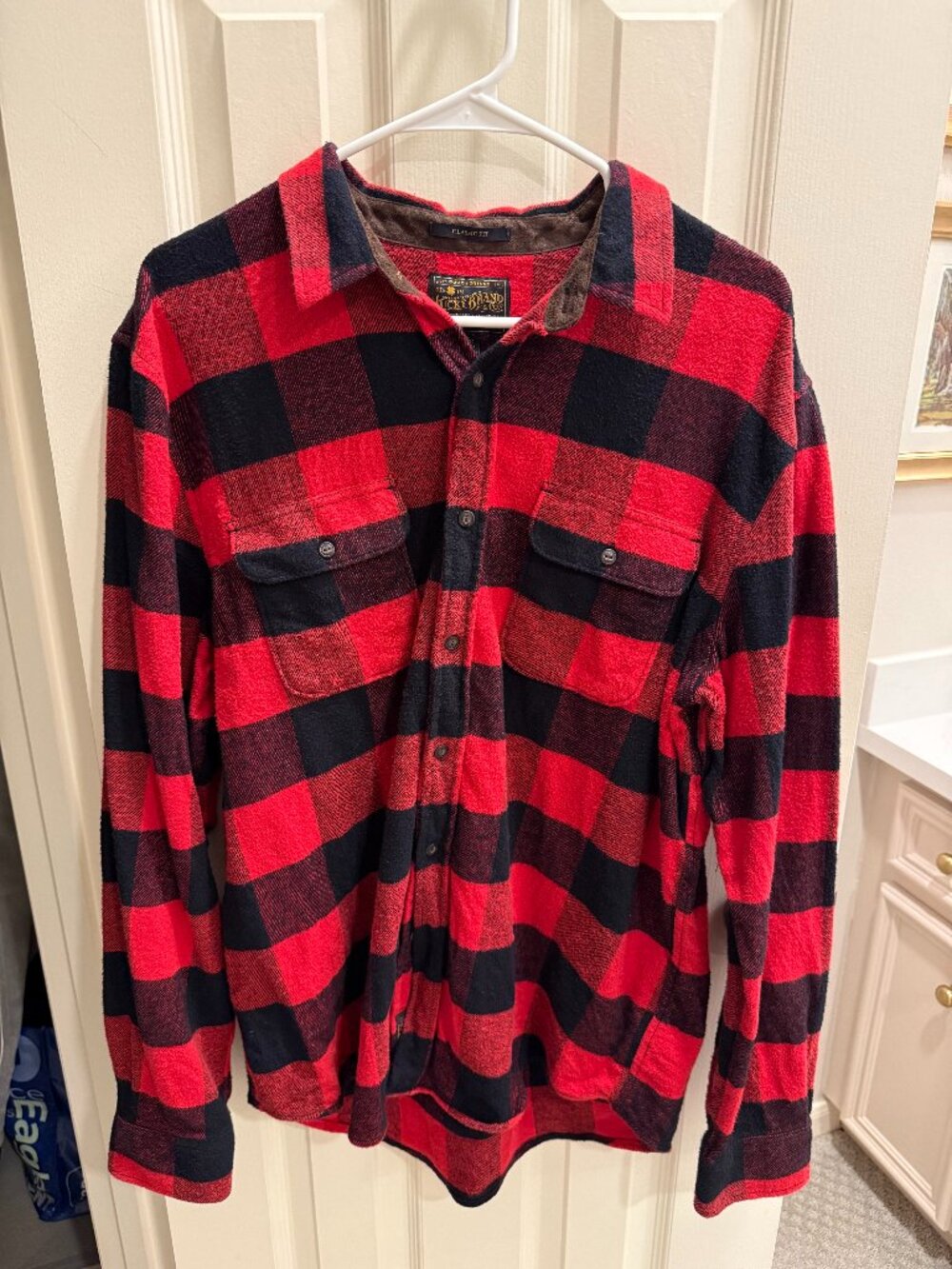 Lucky Brand Saturday Stretch Men's Large Red Black Buffalo Plaid Flannel